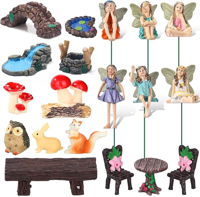 Roowest 19 Pcs Garden Accessories Garden Fairies Kit Miniatures Bunny Squirrel Owl Animals Cute Tiny Mushroom Mini Pond Bridge Figurine Miniature Micro Landscape Ornaments for DIY Home
