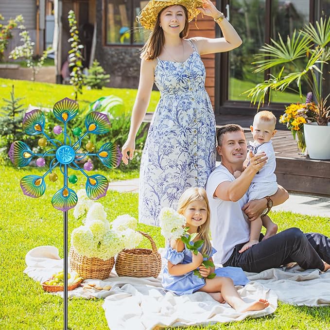 Peacock Wind Spinner Outdoor, Standing Wind Sculpture Yard Art Decorations, Metal Windmill for Patio Lawn & Garden Decor (1pcs-Blue Green)