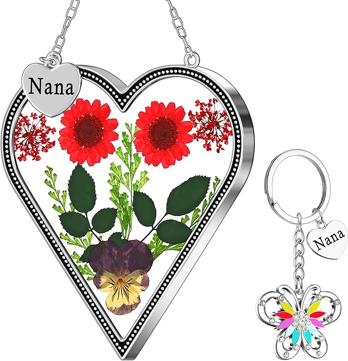 KY&BOSAM Heart Suncatcher Nana Gift for Nana Stain Glass Wind Chime for Window Pressed Flower Between Heart Glass Metal Engraved Charm Gift for Mother's Day Valentine's Birthday Thanksgiving Christmas