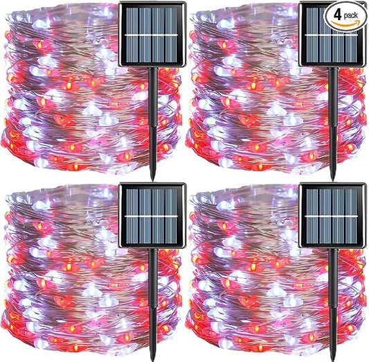 YEGUO Solar Fairy Lights Outdoor Waterproof, 4 Pack Each 33ft 100 LED String Lights, 8 Modes Silver Wire Solar Outdoor Lights (Red and White)