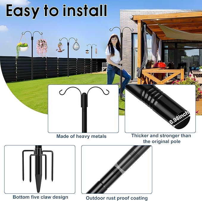 Ottsuls Bird Feeder Pole, 2 Pack 60 INCH Double Shepherds Hooks for Outdoor, with 5 Base Prongs Heavy Duty Tall Garden Planter Hooks for Hanging Flower Basket, Lantern, Hummingbird Feeder