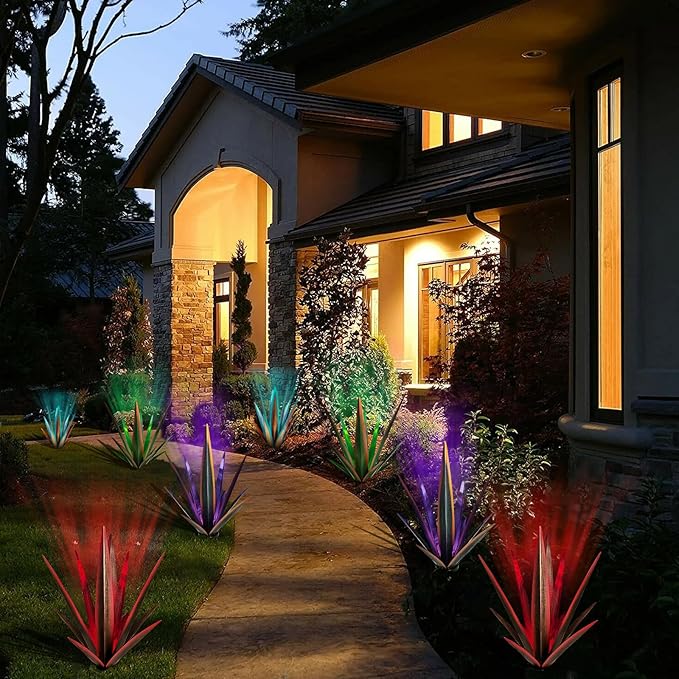 Large Tequila Rustic Sculpture, Rustic Metal Agave Plants for Outdoor Patio Yard, Home Decor Hand Painted Metal Agave Garden Yard Statue, Outdoor Lawn Ornaments (Green - L (W/Solar Light))