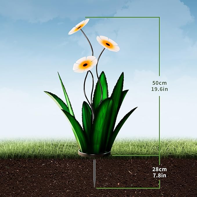 Upgraded Large Metal Yard Art, Metal Agave Plant Yard Decorations Outdoor Sculpture, Metal Flowers for Outside, Waterproof Outdoor Garden Decor (Green + White Flower)