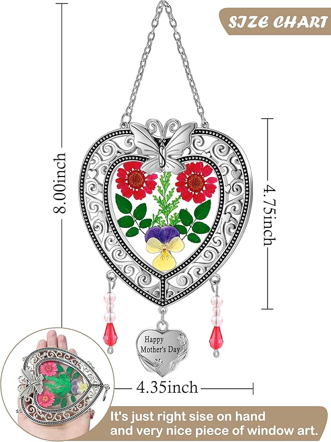 KY&BOSAM Suncatcher Happy Mother’s Day Stained Glass Tree of Life Heart Gifts Garden Ornament Wind Chimes for Windows Pressed Flower Between Heart in Glass Metal Engraved Charm as