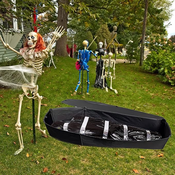 Halloween Pop Up Coffin with Lid, 60 inch Coffin Prop life size Collapsible, Scary Fake Coffin Prop Really Size for Graveyard, Halloween Cemetery decorations Outdoor, Lawn, Party, Haunted House