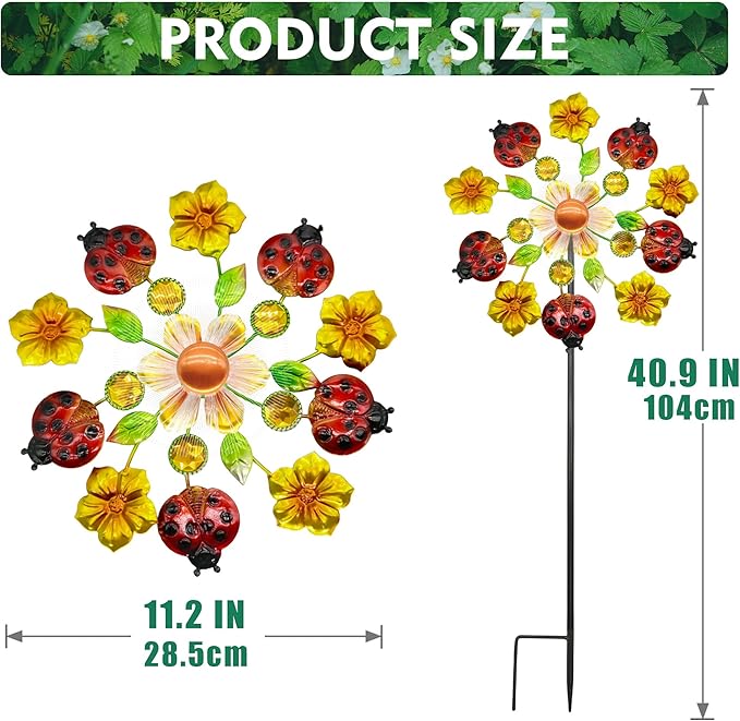 Solar Wind Spinners Outdoorsfor Yard and Garden - 40 Inch Metal Wind Sculpture, Outdoor Kinetic Windmill with Multi-Color Led Lights for Patio, Lawn & Garden Decoration (Beetle)