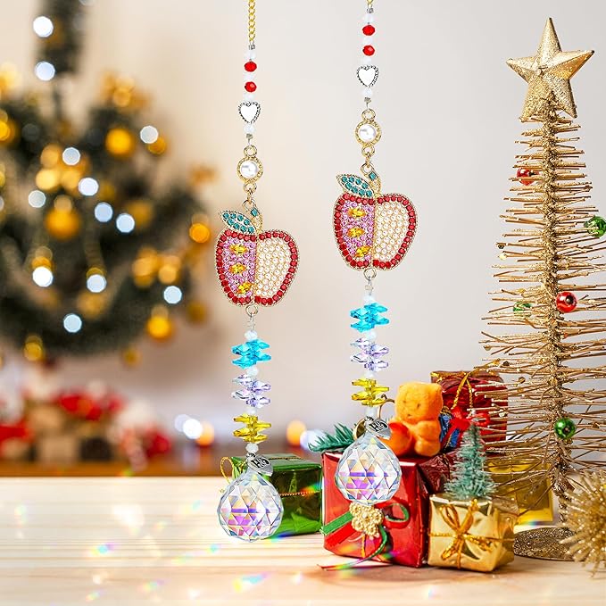 H&D HYALINE & DORA Set of 2 Crystal Sun Catchers Christmas Apple Pendant with Rhinestones, Hanging Colorful Crystal Ball Prism Sun Catcher for Home Wedding Party Christmas Garden Decor
