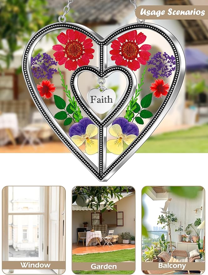 KY&BOSAM Heart Suncatcher Faith Stained Glass Hangings for Windows Sun Catchers Birthday Gifts for Women Real Flower Glass & Metal Maker for Christmas Tree Wedding Party Patio Home Garden Decor