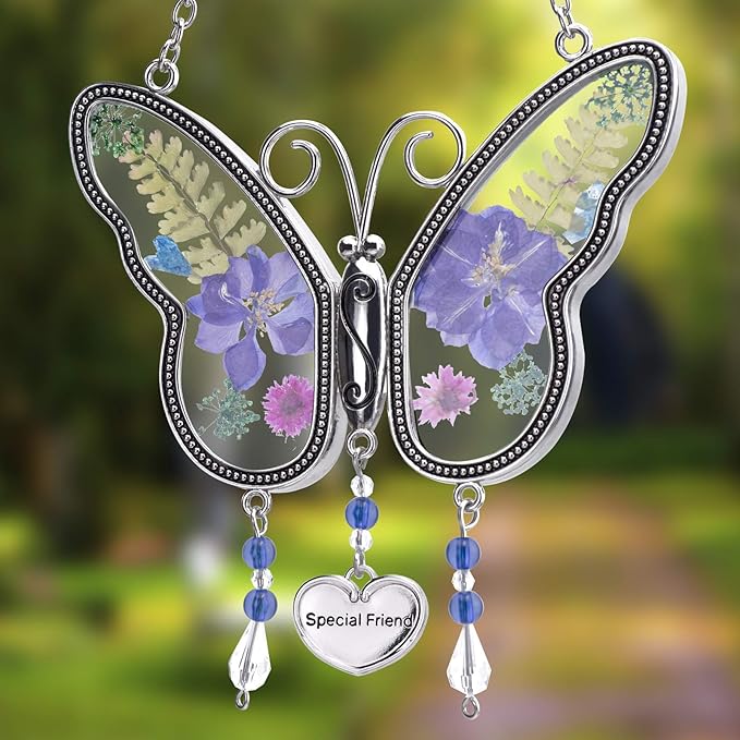 Laraine Butterfly Suncatcher with Pressed Flower Wings Mom Mother's Day Butterfly Glass Wind Chime Ornament Charm with Metal Heart Gifts for Mom Grandma Aunt Birthday (Purple Friend (with Free Hook))