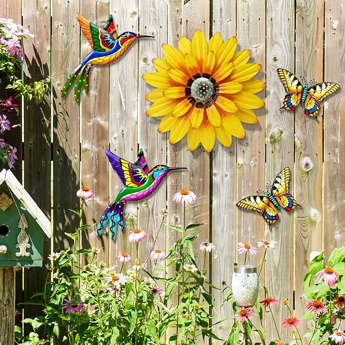Metal Outdoor Wall Art Decor, 5 Pack Metal Flower Wall Decor and Bird Butterfly Wall Decor, Metal Garden Decor Outdoor Decorations for Yard Art