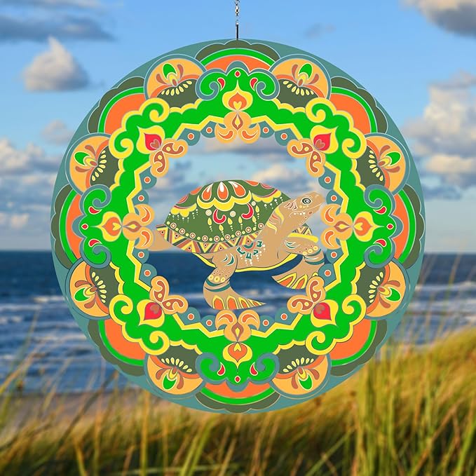 Sea Turtle Wind Spinner Colorful 12 inch 3D Stainless Steel Laser Cut Metal Double Sided Printing-Hanging Indoor/Outdoor Decorations Yard Gardening Decor,Metal Kinetic Art Ornament Gifts