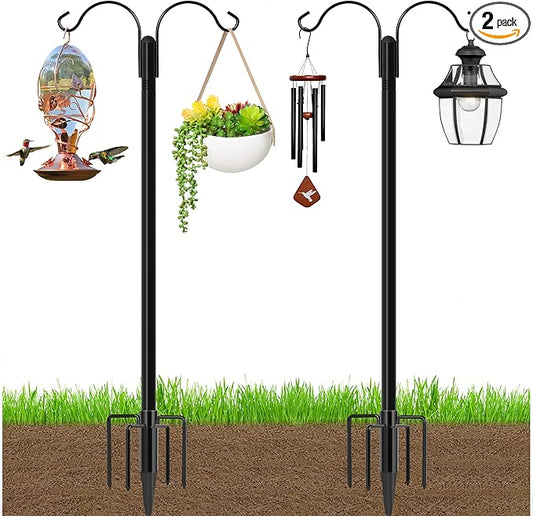 Ottsuls Bird Feeder Pole, 2 Pack 92 INCH Double Shepherds Hooks for Outdoor, with 5 Base Prongs Heavy Duty Tall Garden Planter Hooks for Hanging Flower Basket, Lantern, Hummingbird Feeder