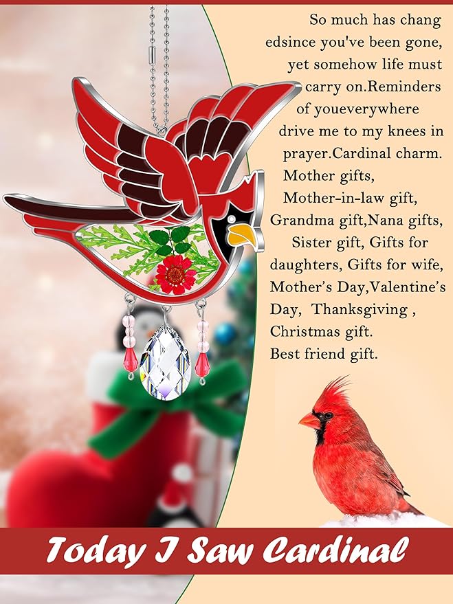 KY&BOSAM Cardinal Suncatcher Crystal Had Painted Glass Sun catchers Hangings for Windows Ornament with Pressed Real Flower and Heart Charm Birthday Gifts for Women Mom Mother's Day Christmas Mom Gifts