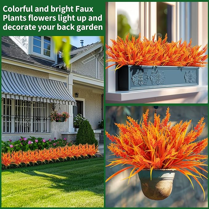 Artificial Fall Flowers for Outdoor Plants 12 Bundles Fake Lavender Plastic Faux Monkey Grass for Verandah Window Garden Office Patio Front Porch UV Resistant for Planter(Autumn Red)