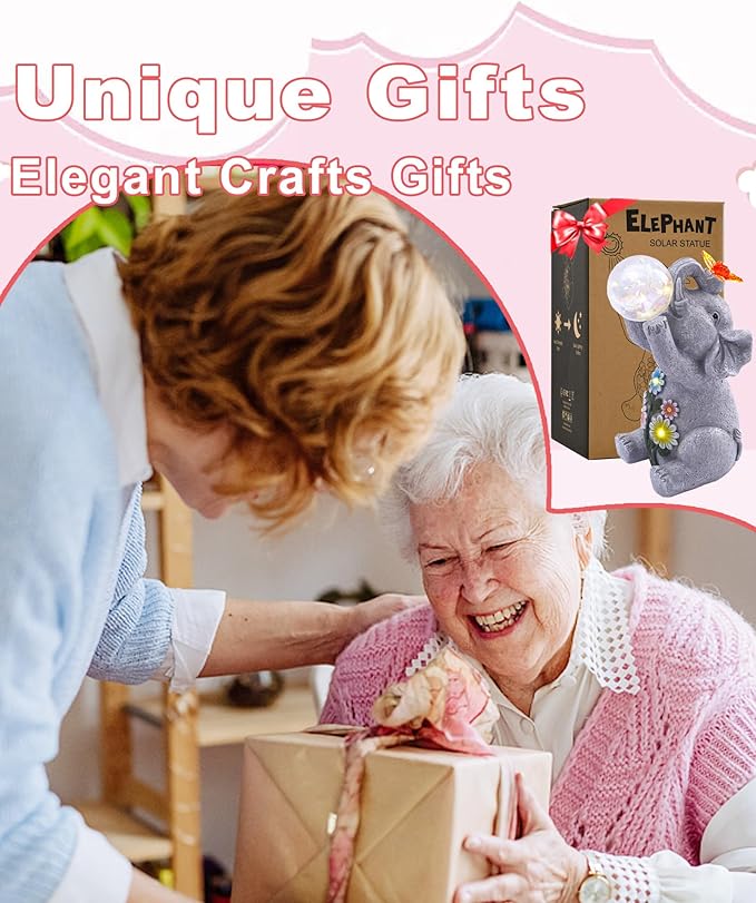 Solar Funny Elephant Statue for Garden: Outdoor Sculptures with Ball Lights and Butterfly Clearance Lawn Ornaments Yard Porch Patio Balcony - Gifts for Mom Grandma