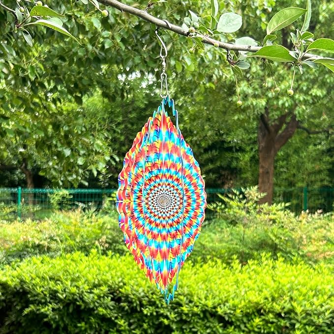 3D Wind Spinner Rainbow Mandala Stainless Steel Metal Wind Spinner Kinetic Metal Art Multi-Color Geometric Pattern Hanging Ornament for Yard Garden Patio