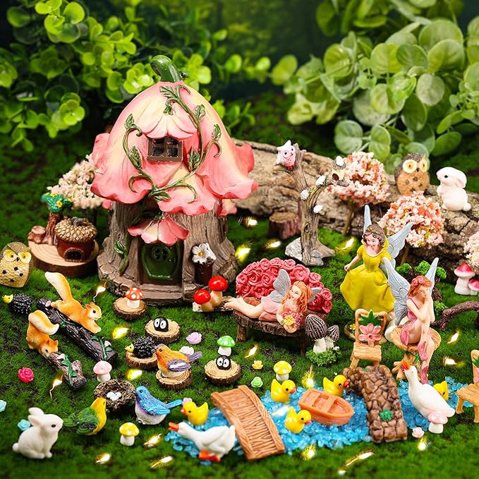 93 Pcs Fairy Garden House Resin Accessories Fairy Elves Kit Miniature Fairy Figurines Ornaments Fairy Animals Decor Outdoor for DIY Dollhouse