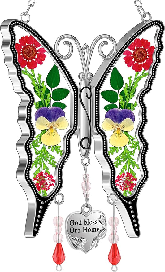 KY&BOSAM Butterfly Suncatcher God Bless Our Home Ornaments Stain Glass Sun Catchers for Windows Hanging Wind Chime Silver Charm Gifts for Home Mother`s Day Valentine's Birthday Thanksgiving Christmas