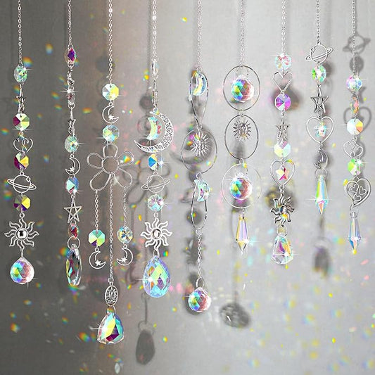 Maitys 9 Pcs 6 Pcs Crystal Suncatcher Sun Catchers Indoor Window Hanging Sun Catchers with Light Catcher with Prisms and Agate Slices for Indoor Outdoor Home Garden Wedding Decor (Elegant)