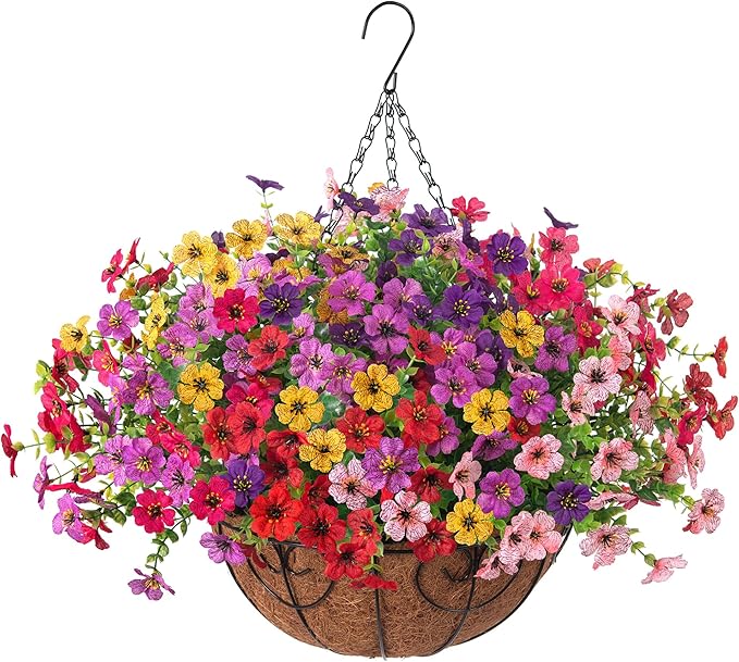 Artificial Fake Hanging Plants Flowers with Basket Outdoor Decor Faux Silk Dasiy Flower Arrangements in Pot Planter for Porch Home Indoor Patio Garden Yard Decoration