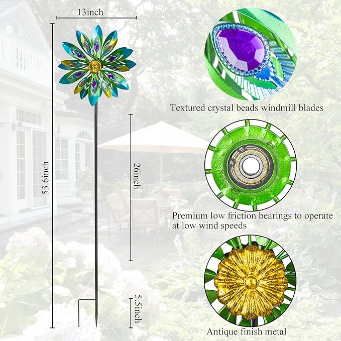 53 Inch Wind Spinner - Outdoor Metal Peacock Wind Sculptures for Garden, Patio, Yard, Lawn Decorations Double Windmill Spinner