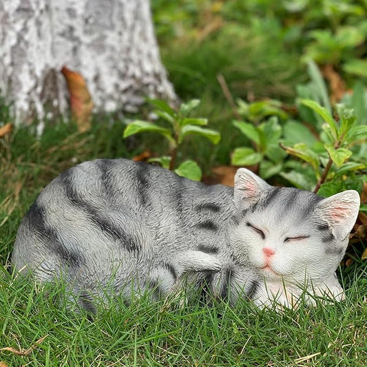 Cat Figurines Outdoor Statue Garden Decor, Cat Statue Garden Statues Outdoor Clearance for Patio, Lawn Decoration, 11.5" Larger Grey Sleeping Cat Statue for Indoor Table Accessory, Cat Gift for Mom