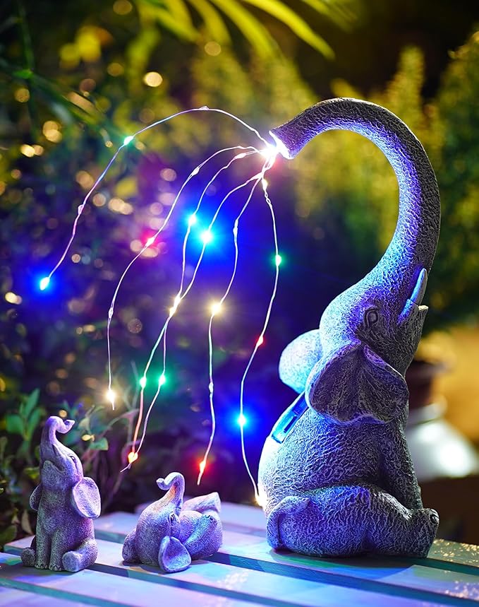 Goodeco Garden Elephant Statue Outdoor - Elephant Gifts with Solar Watering Lights, Siting Elephant Figurine Perfect for Yard, Patio, and Pathway Decor - Ideal Gardening Gifts