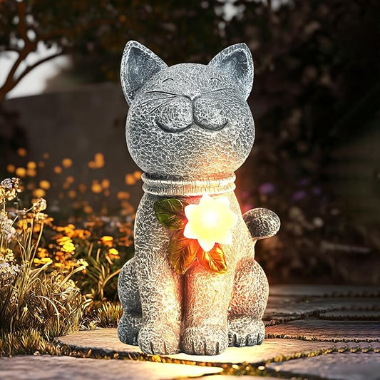 Solar Garden Statue Cat Figurine - Solar Cat Outdoor Statues, Waterproof Resin Cat Sculpture for Yard, Patio, Lawn, and Garden Decoration for Garden Mom Grandma