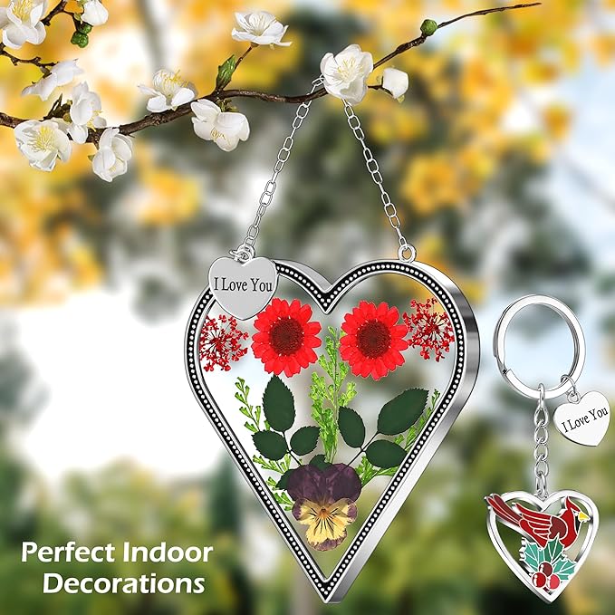 KY&BOSAM Heart Suncatcher Gift for Mom I Love You Heart Wind Chime for Windows Pressed Flower Between Heart in Glass and Metal Engraved Charm Birthday Gift for Women Mother's Day Valentine's Christmas