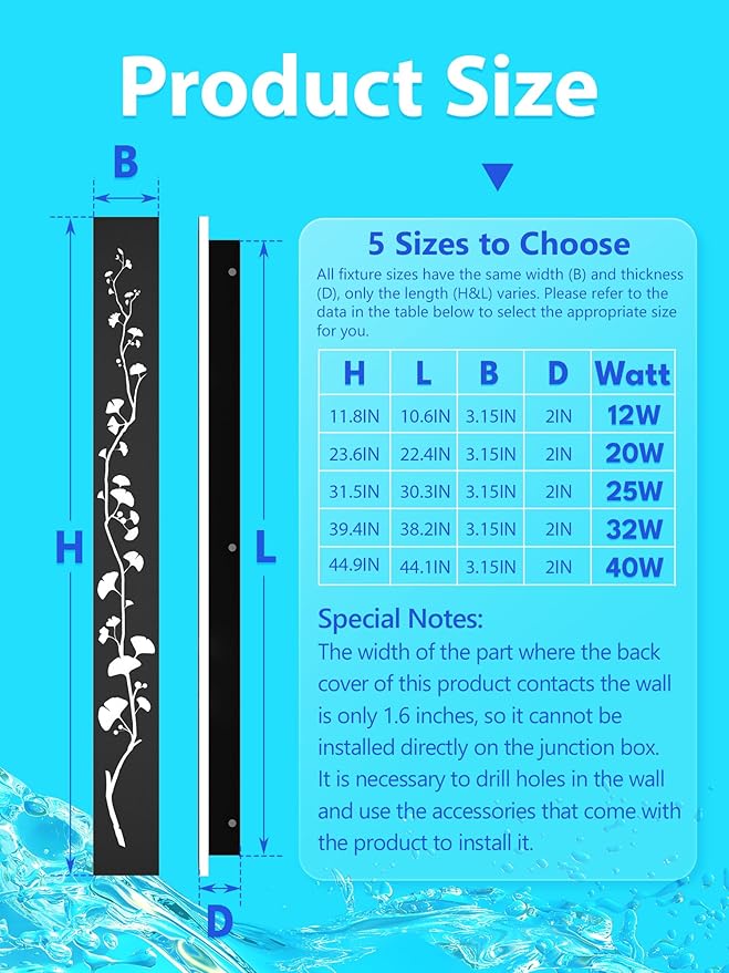 Modern Outdoor Wall Lights 39.4inch LED Long Wall Sconce 3000K Ginkgo Hollow Design Wall Mount Porch Lights 32W Exterior Lighting Fixtures for Patio Balcony Terrace Garden