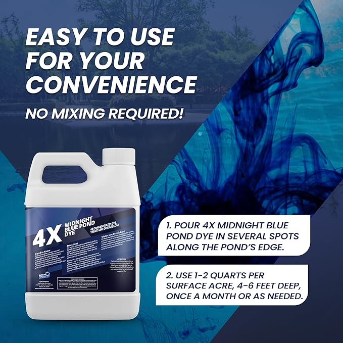 32oz Midnight Blue Pond Dye, 4X Concentrate Pond Dye Blue, Dark Natural Looking Aquashade for Beautiful Lake Water, Long-Lasting Colorant, Protects Against Sunlight - Ideal for Fish & Wildlife