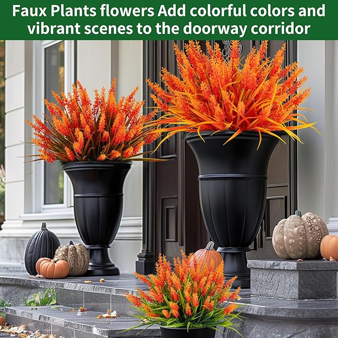 Artificial Fall Flowers for Outdoor Plants 12 Bundles Fake Lavender Plastic Faux Monkey Grass for Verandah Window Garden Office Patio Front Porch UV Resistant for Planter(Autumn Red)