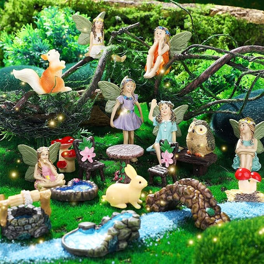 Roowest 19 Pcs Garden Accessories Garden Fairies Kit Miniatures Bunny Squirrel Owl Animals Cute Tiny Mushroom Mini Pond Bridge Figurine Miniature Micro Landscape Ornaments for DIY Home