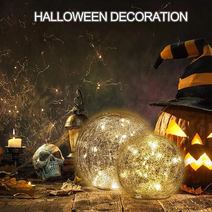 Mercury Crackle LED Glass Globe Ball Lamp with Timer, Battery Operated Night Light for Girls, Birthday, Halloween,Christmas - Decorative Gift for Home Warm White (with Timer)