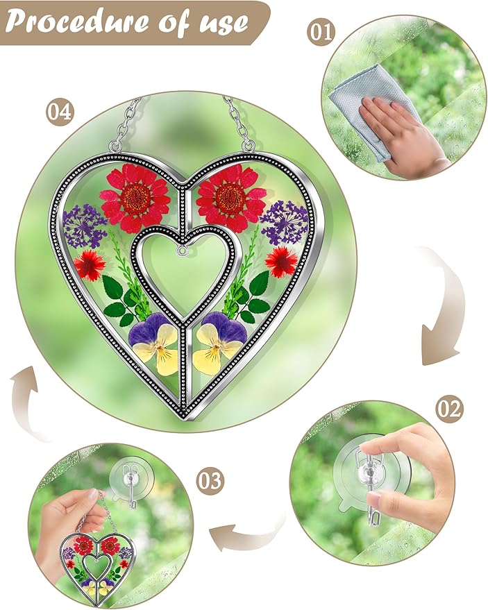 KY&BOSAM Heart Suncatchers DIY Stained Glass Hangings for Windows Wind Chimes Home Gardner Decor with Pressed Real Flowers Heart No Charm Birthday Gifts for Women Mother`s Day Christmas Ornamets