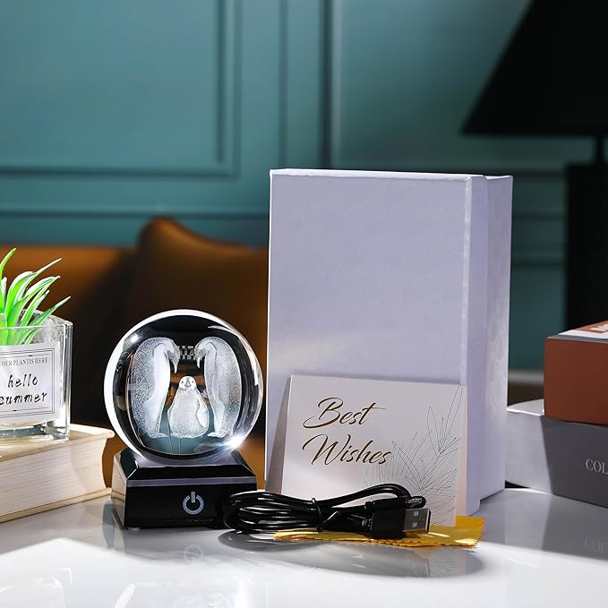 Penguin Gifts for Women 3D Crystal Ball 3.14'' - Laser Penguin Decor Glass Animals Penguin Gifts Figurines Statue Stuff for Room Decorations Penguin Night Light