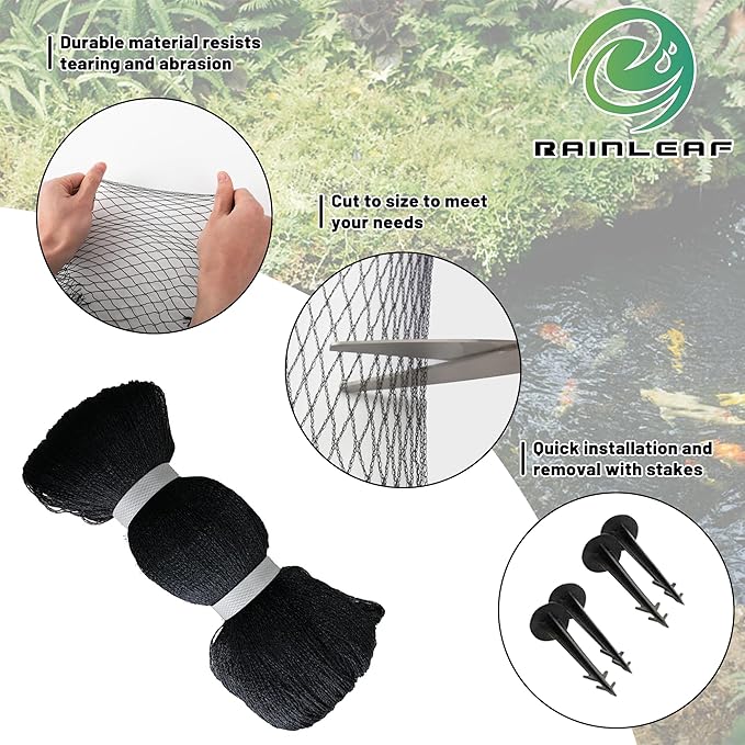 Rainleaf Pond Netting, 7' x 10' Pond Net Cover, Koi Pond Netting for Leaves, Heavy Duty Koi Pond Net Protecting Koi Fish from Herons, Stakes Included