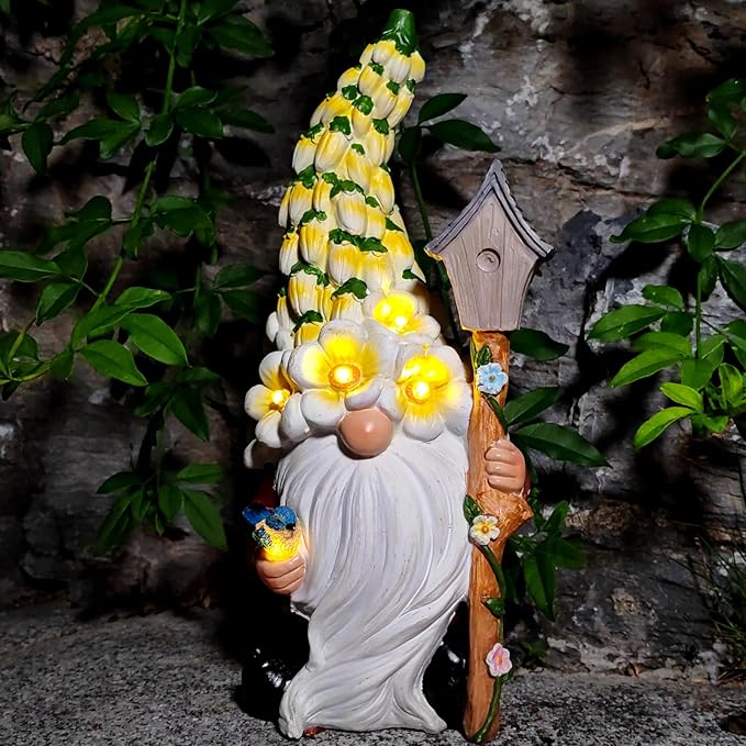 Solar Gnome Statue with Flower Hat - Solar Resin Garden Outdoor Statue Sculpture,Whimsical Gnome Figurine for Woman Gift Home and Garden Decor