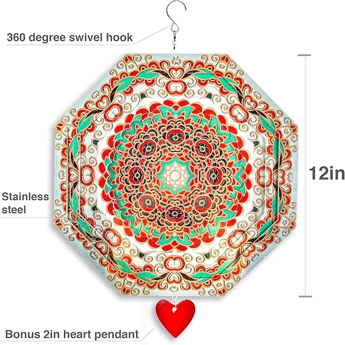 Wind Spinner Mandala Mystique 12 inches – 3D Stainless Steel – Laser Cut Metal Art Geometric Pattern - Hanging Wind Spinner, Kinetic Yard Art Decorations - Indoor/Outdoor Decor