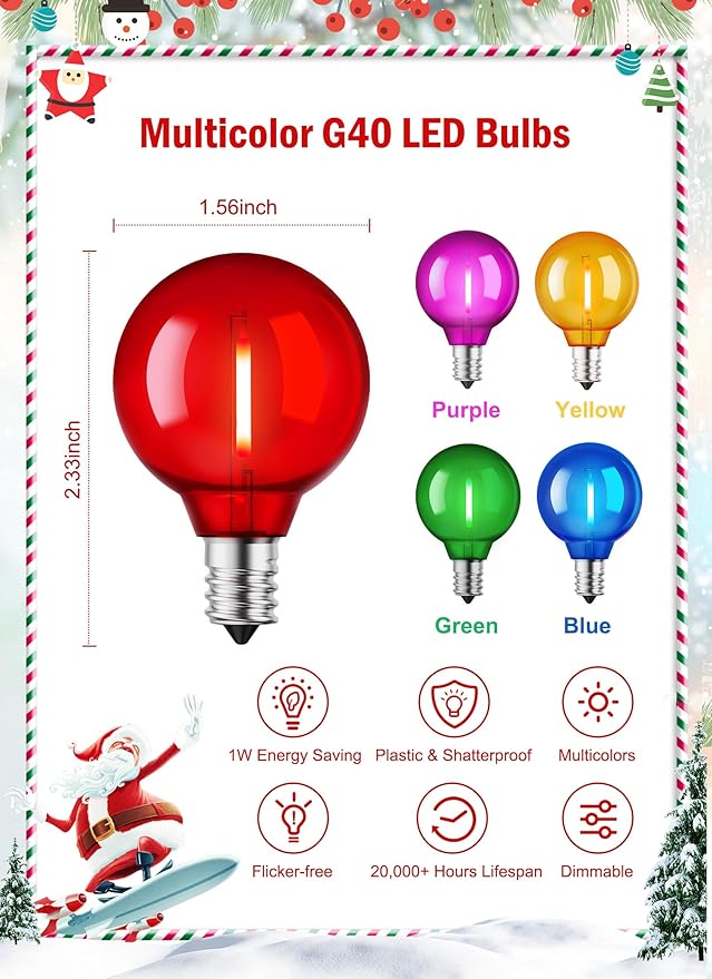 Brightown 25 Pack Multicolor G40 LED Christmas Replacement Light Bulbs, UL Listed, 1 Watt E12/C7 Candelabra Base Plastic Shatterproof LED Globe Edison Bulbs, Easily Screw in Strings Spools Strands