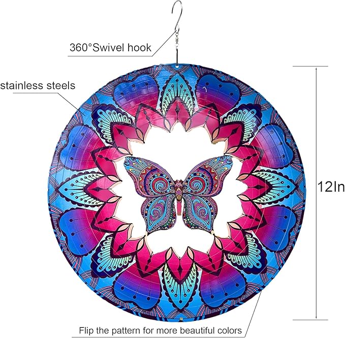 Wind Spinner Colorful Butterfly 12 inch 3D Stainless Steel Laser Cut Metal Double Sided Printing-Hanging Indoor/Outdoor Decorations Yard Gardening Decor,Metal Kinetic Art Ornament Gifts