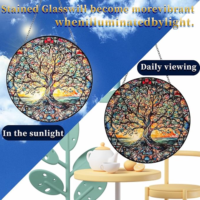 Tree of Life Suncatcher Indoor/Outdoor Stained Glass Window Hanging - Handmade Stained Glass Suncatchers for Windows Hanging - Decoration for Home Garden Christmas Party Wedding Housewarming Gifts