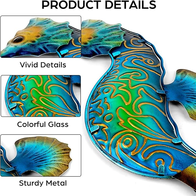 John's Studio Seahorse Sea Wall Decor Outdoor Metal Garden Hanging Art Glass Sculptures Home Ocean Theme Decorations for Kitchen Bathroom and Pool