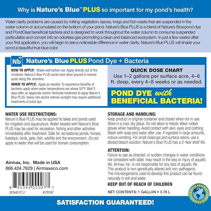 Airmax Pond Dye Plus, Nature's Blue Colorant & Natural Beneficial Bacteria, Large Pond & Lake Water Clarifier & Color Treatment, Shade Plants & Algae from Sunlight, Fish & Livestock Safe, 4 Gallons