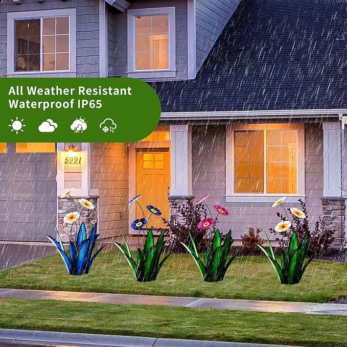 Upgraded Large Metal Yard Art, Agave Plant Yard Decorations Outdoor Sculpture, Flowers for Outside, Waterproof Outdoor Garden Decor (Purple + Blue Flower)