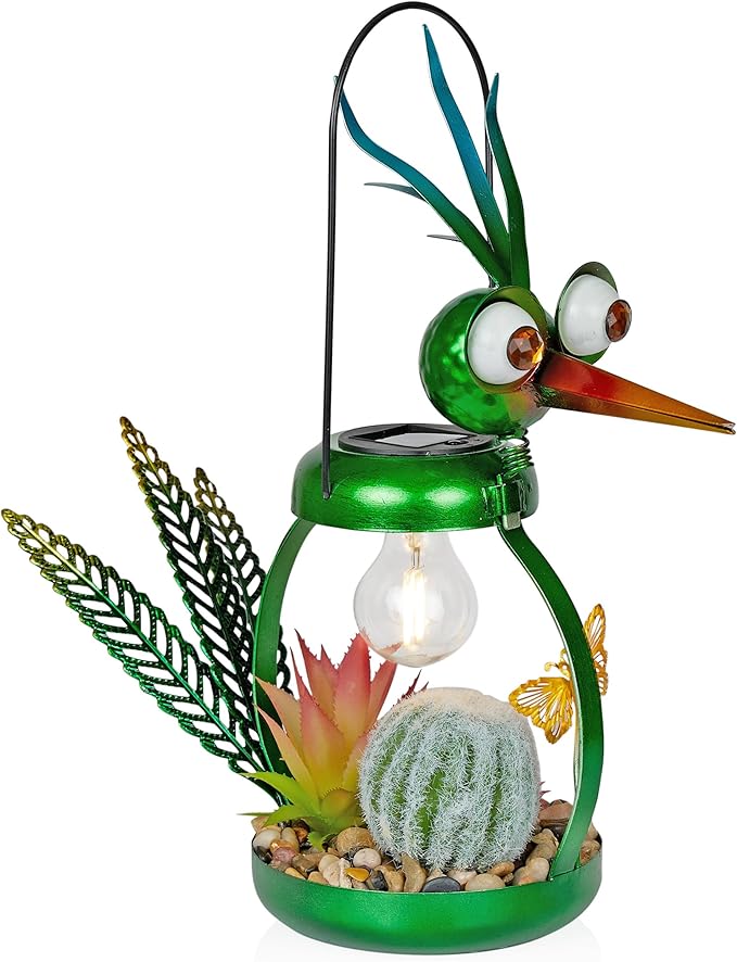 Alpine Corporation LYT292SLR-HH Solar-Powered Metal Heron w/Garden Enclosed LED Light Decor, Solar Patio Decor, 16''H, Green