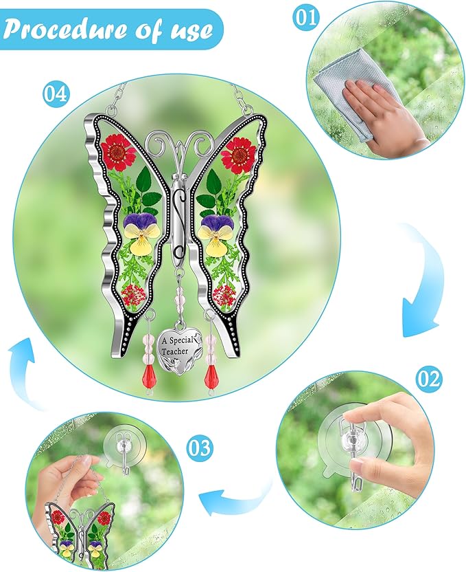 KY&BOSAM Butterfly Suncatcher A Special Teacher Stain Glass Suncatchers for Window Hanging Wind Chime with Pressed Flower Wings in Glass and Heart Charm Birthday Gift for Teacher`s Mother`s Day Gifts