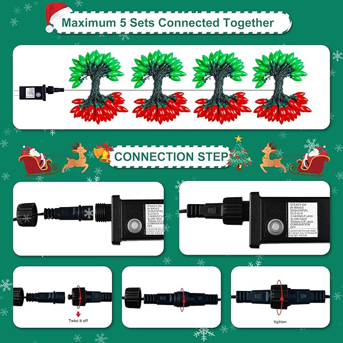 C9 Bulbs Classic Christmas Lights - 50 LED 32ft Strawberry String Light Red&Green - Extendable 8 Modes Funtion with Timer Fairy Lighting for Outdoor, Indoor, Party, Home, Tree Decorations