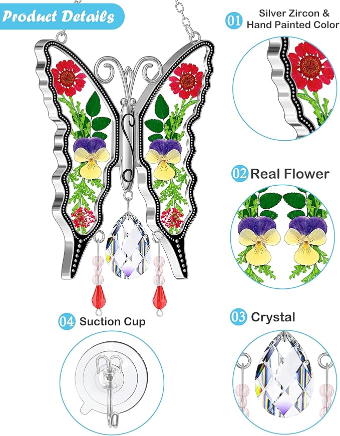 KY&BOSAM Butterfly Suncatchers for Windows - Stained Glass Crystal Wind Chimes with Metal Charms, Colorful Rainbow Prisms Garden Decor for Mom/Grandma, Christmas Wedding Gifts (8" Hanging Ornaments)