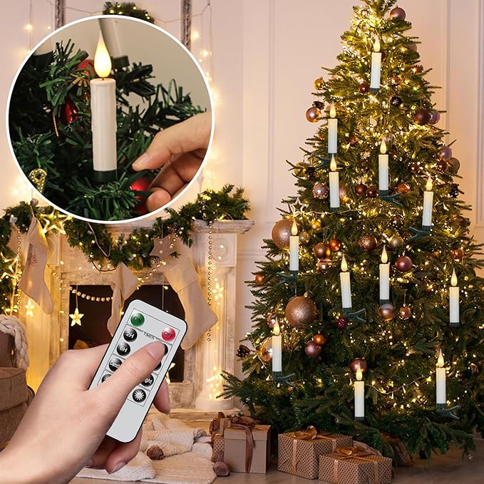 DRomance Christmas Tree Flameless Taper Candle Lights Battery Operated with 10-Key Remote and Timer, 10 Pack Plastic 3D Wick Flickering LED Taper Candles Multi-Using Home Garden Holiday Decor 3.4"